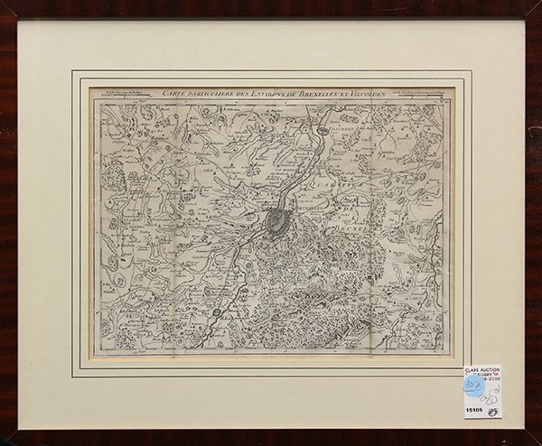 Pair of maps, Brussels and a Nordic map: Pair of framed maps, a hand-painted Nordic map and a map of Brussels, Continental School (19th century), largest overall: 31.5"h x 34"w