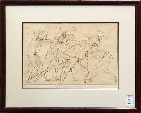 Drawing, Manner of da Vinci, Battle for the Standa: Framed sepia ink drawing, "Battle for the Standard," British School, 19th century, in the manner of Leonardo da Vinci, overall: 20"h x 25"w