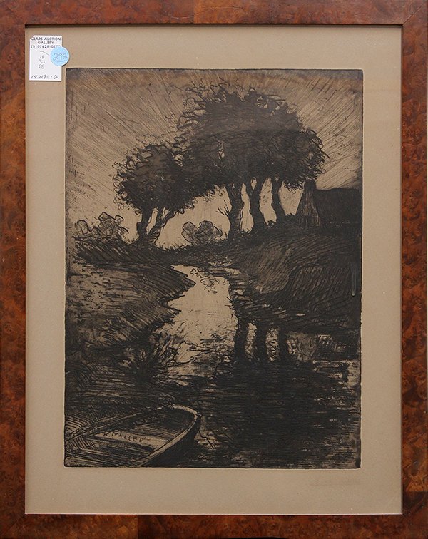 Etchings, European, after Millet: (Lot of 2) Framed 19th century European etchings, Village Stream, after Jean Francois Millet (French 1814-1875), and Snowy Rooftops, pencil signed indistinctly "Geoffrey Dufoy" (?), pencil numbered ed
