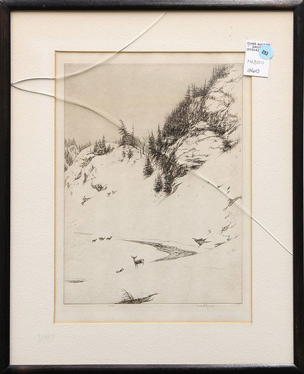 Etching, Kerr Eby, First Snow: Framed etching, First Snow, by Kerr Eby (American, 1889-1946), pencil signed lower right, pencil numbered edition of 90 lower left, overall: 19"h x 15.5"w