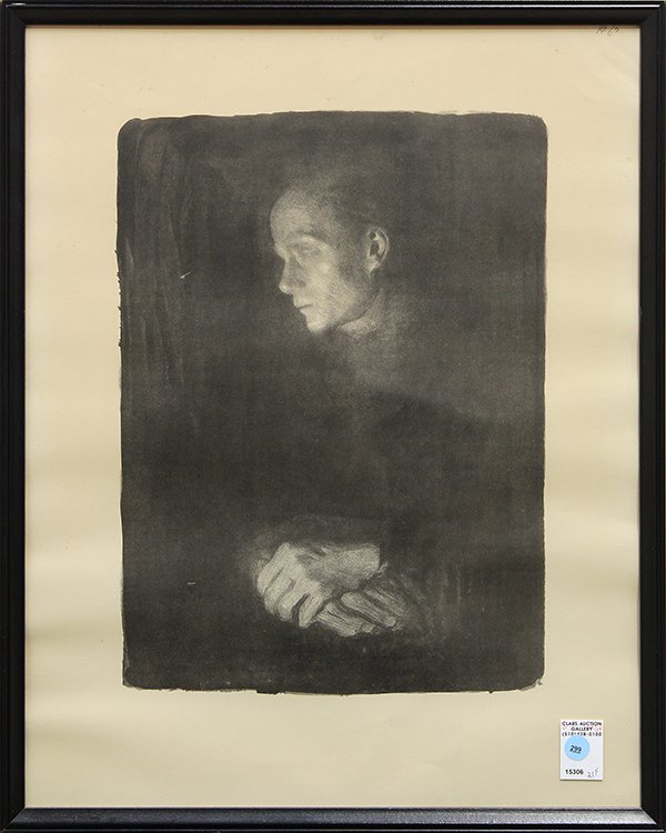 Lithograph, after Kathe Kollwitz, Contemplation: Framed lithograph, Contemplation, after Kathe Kollwitz (German, 1867-1945), bears blindstamp lower right, overall: 35"h x 19.5"w