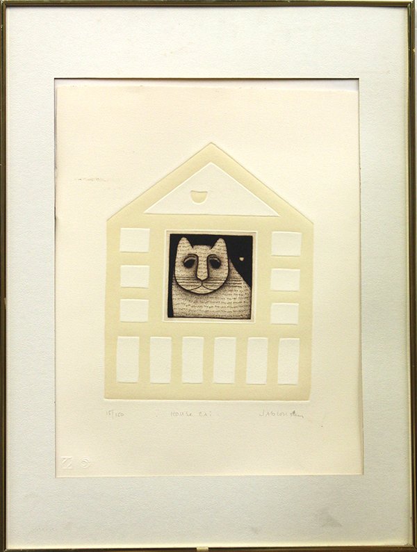 Etching, Carol Jablonsky, House Cat: Framed etching with intaglio, "House Cat," by Carol Jablonsky (American, 1939-1992), pencil signed, titled, and numbered edition of 150 within lower margin, overall: 24.5"h x 18.5"w