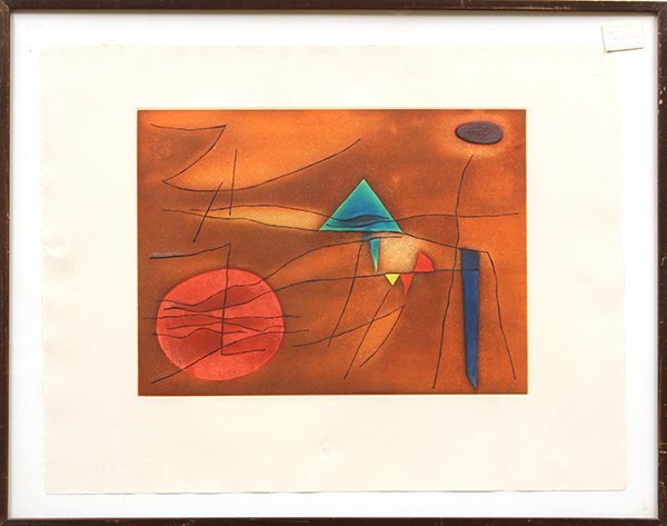 Etching, Gustave Singier, Nocturne: Framed color etching, ''Nocturne Egyptienne,'' c. 1955, by Gustave Singier (French, 1909-1984), bears Musee Louvre blindstamp within lower margin, bears J.J. Brookings and Co., San Jose, California la