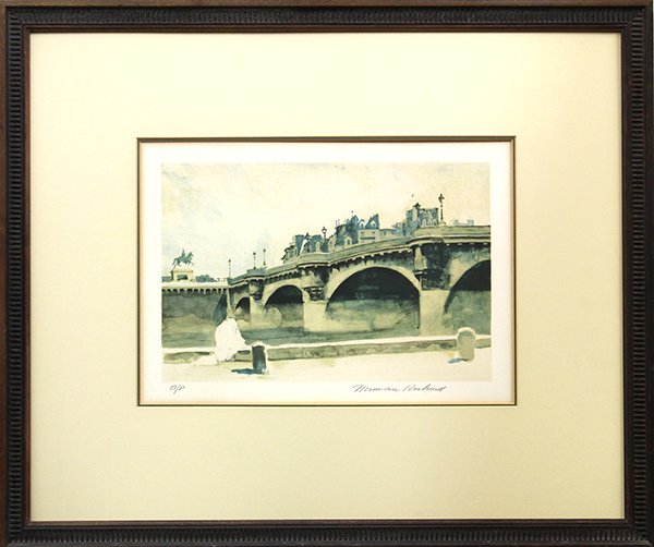 Lithograph, Norman Rockwell, The Bridge: Framed lithograph, The Bridge, 1971, by Norman Rockwell (American, 1894-1978), pencil signed and inscribed artist's proof within lower margin, overall: 24"h x 28.5"w