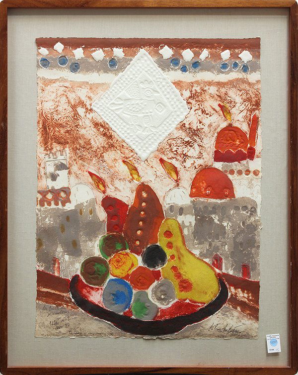 Lithograph intaglio, Theo Tobiasse, Jerusalem: Framed color lithograph with intaglio, "Les Fruits de Jerusalem," 1980, by Theo Tobiasse (French/Israeli, b. 1927), pencil signed, titled, dated, and inscribed printer's proof at lower edge, overall: