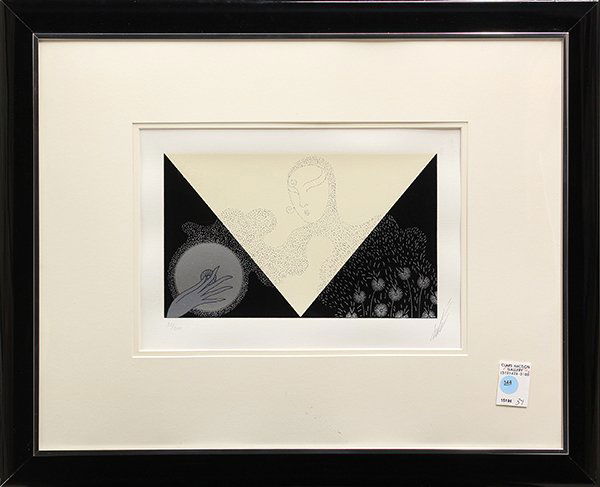 Serigraph, Erte, Summer Snow: Framed serigraph, "Summer Snow," 1980, by Romain de Tirtoff Erte (Russian/French/American, 1892-1990), pencil signed and numbered edition of 300 within lower margin, overall: 20"h x 24.5"w