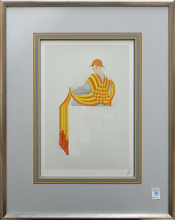 Serigraph, Erte, Resting: Framed serigraph, "Resting," by Romain de Tirtoff Erte (Russian/French/American, 1892-1990), pencil signed and numbered edition of 300 within lower margin, overall: 35"h x 27"w