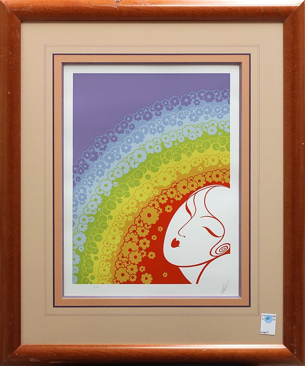 Serigraph, Erte, Rainbow: Framed serigraph, "Rainbow in Blossom," by Romain de Tirtoff Erte (Russian/French/American, 1892-1990), pencil signed and numbered edition of 300 within lower margin, overall: 31"h x 26.5"w