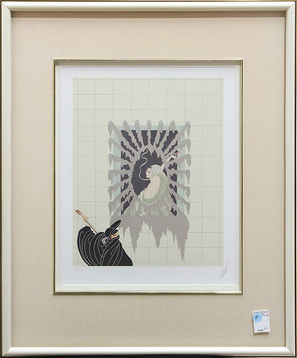 Serigraph, Erte, La Serenade: Framed serigraph, "La Serenade," 1979, by Romain de Tirtoff Erte (Russian/French/American, 1892-1990), pencil signed and numbered edition of 300 within lower margin, overall: 29"h x 24"w