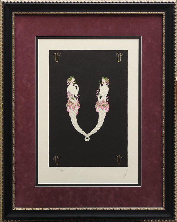 Serigraph, Erte, Alphabet, V: Framed serigraph, "V" from the Alphabet Suite, by Romain de Tirtoff Erte (Russian/French, 1892-1990), pencil signed and numbered edition of 350 within lower margin, overall: 30"h x 23"w
