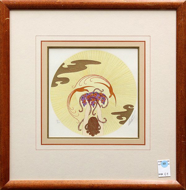 Serigraph, Erte, Spring's Bounty: Framed serigraph, Spring's Bounty, by Romain de Tirtoff Erte (Russian/French/American, 1892-1990), pencil signed and numbered edition of 300 within lower margin, overall: 20"h x 19.5"w