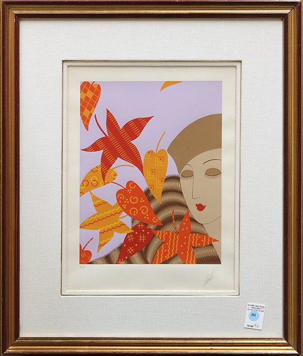Serigraph, Erte, Autumn: Framed serigraph, ''Autumn,'' 1975, from "The Four Seasons Suite," by Erte (Romain de Tirtoff) (Russian/French/American, 1892-1990), pencil signed lower right, inscribed artist's proof lower left, bea