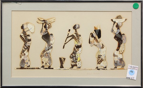 Butterfly collage, African, Contemporary: Framed butterfly collage, Five Women, African School, 20th century, signed "Moses Suchash," overall: 11.25"h x 18.25"w