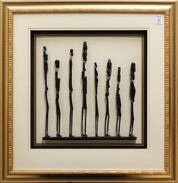 Framed set of eight ebony figures, "Walking Family: Framed set of eight ebony figures, "Walking Family," 1998, by Malthias Lukubwe (Malawian, 20th century), artist title label affixed verso, overall: 36.5''h x 34.5''w. Provenance: From the Estate of Bo