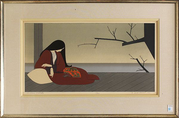 Lithograph, William Barnett, Madame Butterfly: Framed color lithograph, "Madame Butterfly," 1980, by William Barnett (American, 1918-1992), pencil signed, dated, edition 68/300, titled in pencil lower left, image: 17.5"h x 33.25"w, overall: 30"h x