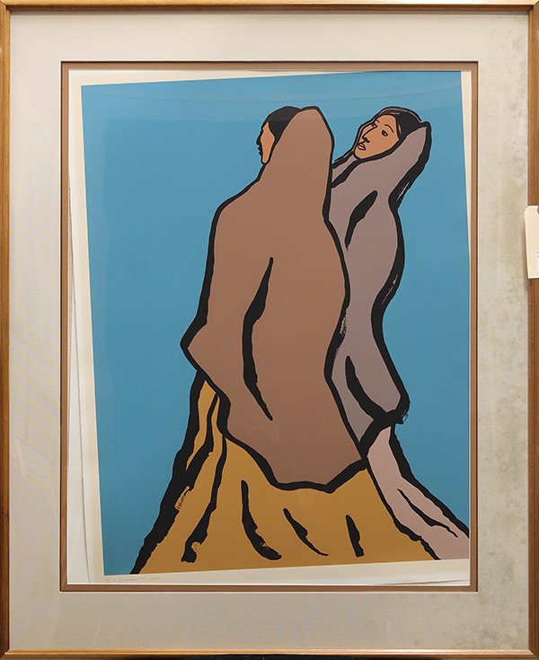 Silkscreen by R.C. Gorman: Framed silkscreen, Two Standing Women, 1979, by R.C. Gorman (American, 1932-2005), pencil signed and dated lower left, overall: 48.75''h x 39.75''w