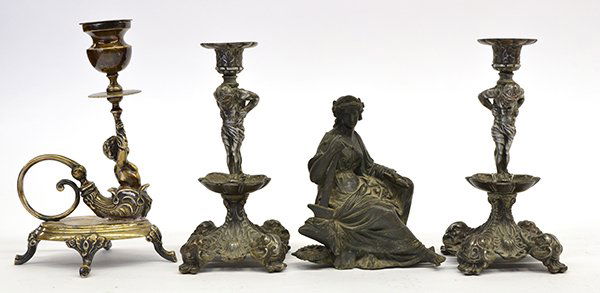 Victorian silver plate table accessories: (lot of 4) Victorian table articles including a silver plate candlestick by Wilcox Silver Plate Company having a removable bobeche supported by a mythical figure with a fish body and scroll return ris