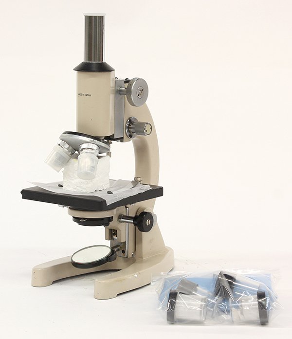 Enameled laboratory microscope, made in India 13": Enameled laboratory microscope, made in India 13"h
