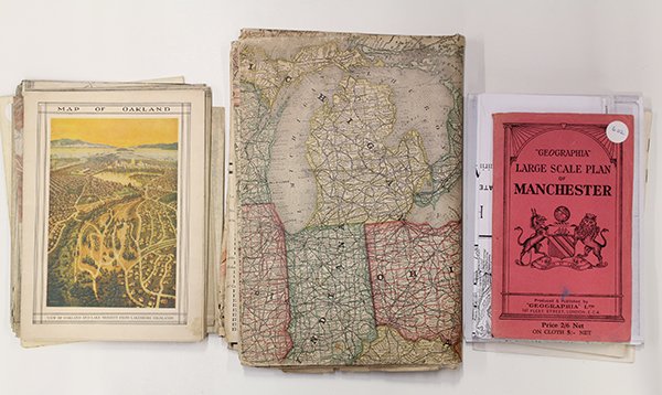 Collection of antique and vintage maps including a: Collection of antique and vintage maps including an 1893 New Commercial Map of the United States, Canada, British Columbia, and Nothern Mexico showing all the railroads, counties, and prinicpal towns 