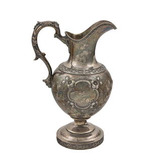 A William Forbes coin silver pedestal creamer, retailed by Ball Black & Co: A William Forbes New York coin silver pedestal creamer, retailed by Ball Black & Co, the bulbous creamer with floral repousse cartouche, 8.25"h, 13.3 ozt