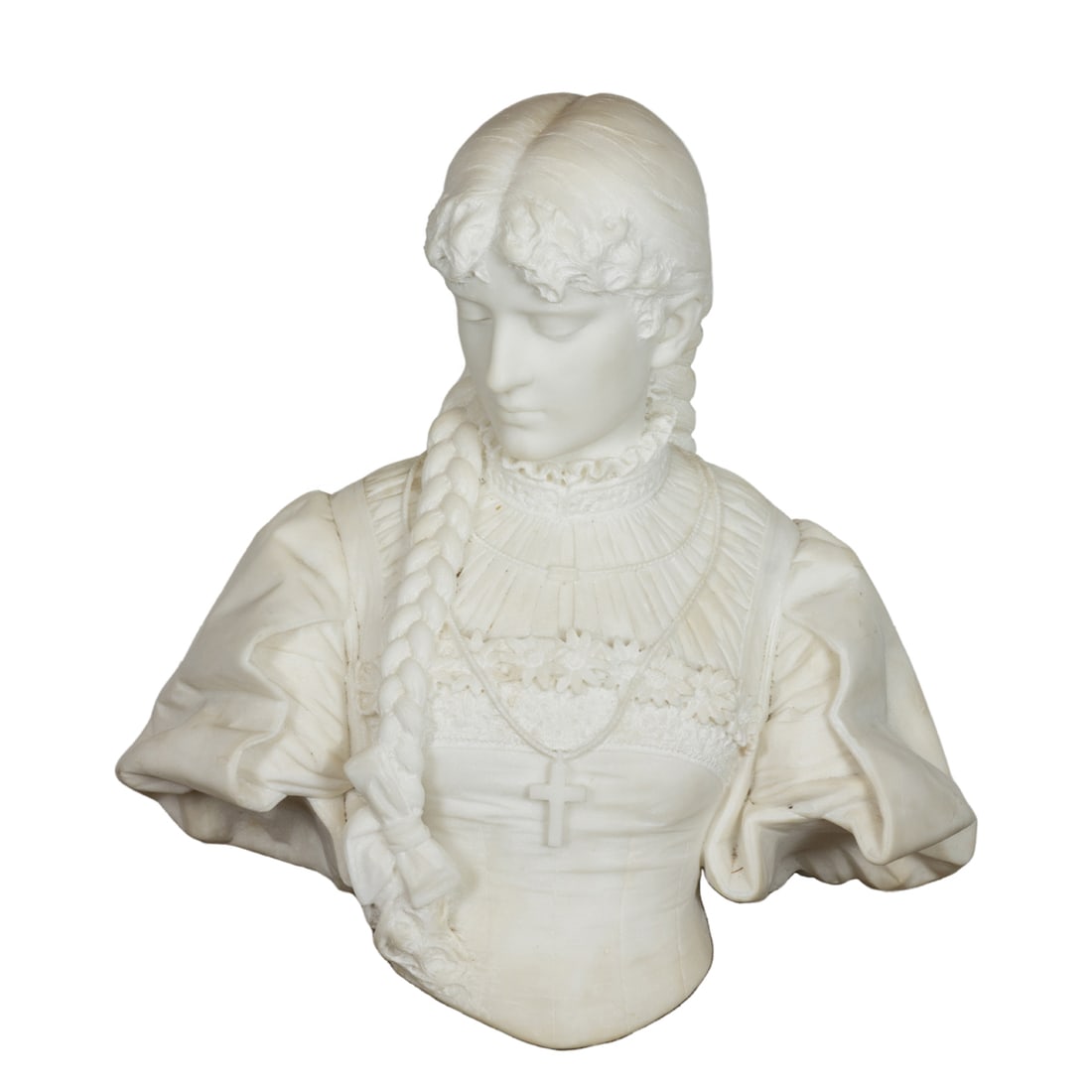 An Italian marble bust of beauty by Antonio Garella: An Italian marble bust of beauty by Antonio Garella (Italian, 1863-1919), dated 1888, the young woman with braided hair wearing cross over a high collared blouse with billowing sleeves, signed 'A. Gar