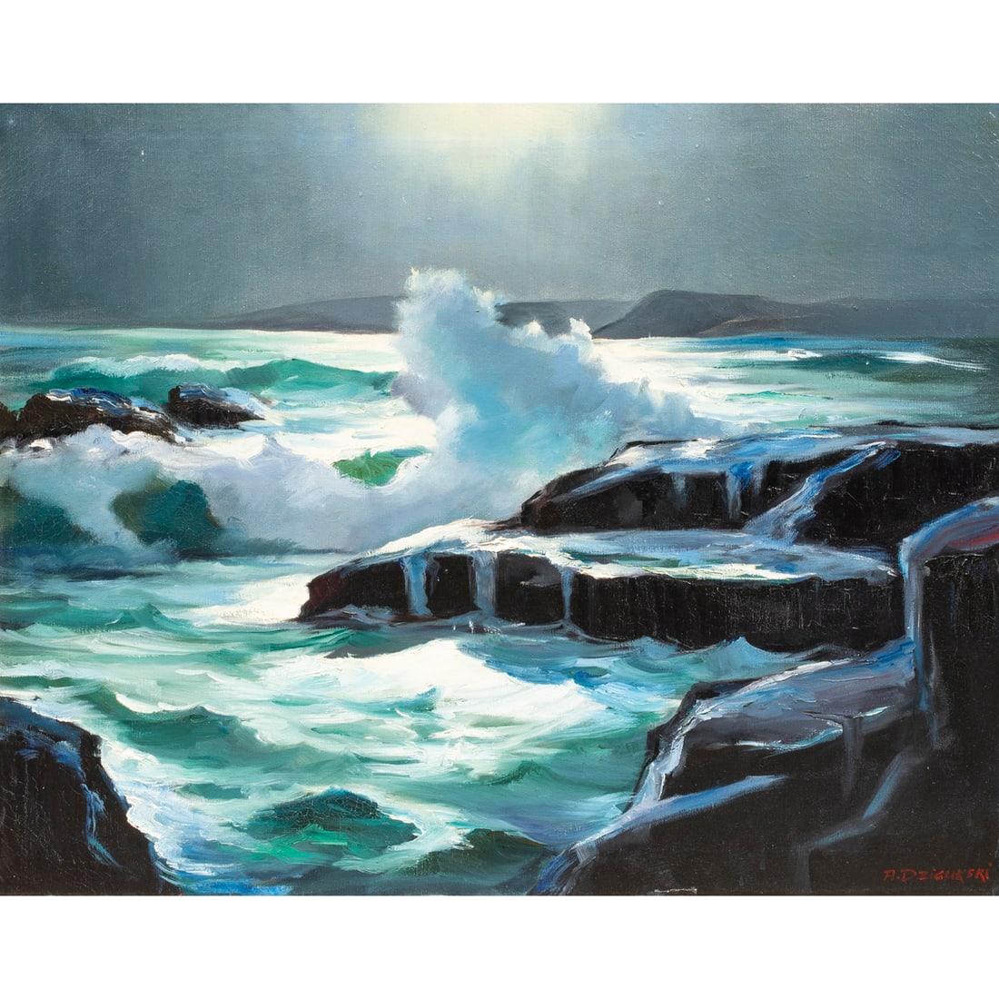 Painting, Alexander Dzigurski: Alexander Dzigurski (Serbian, 1911-1995), Moonlit Seascape, oil on canvas, signed lower right, canvas: 23.75"h x 30"w, overall (with frame): 31"h x 36.5"w
