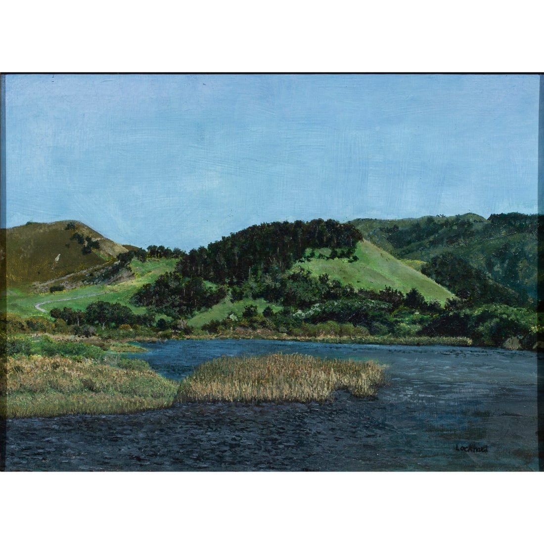 Painting, American School (20th century): American School (20th century), Bay Landscape, oil on canvas, signed "Lockhart" lower right, canvas: 12"h x 16"w, overall (with frame): 18"h x 22"w