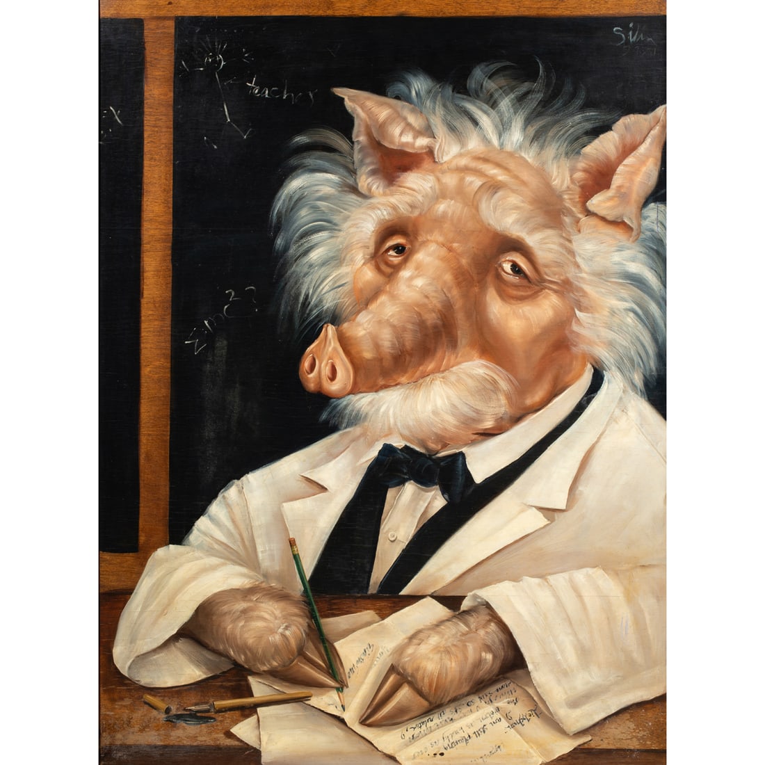 Painting, Pamela Silin-Palmer: Pamela Silin-Palmer (American, 20/21st century), "Albert Einswine," 1984, oil on board, signed and dated upper right, board: 39.5"h x 29.5"w, overall (with frame): 41"h x 31"w