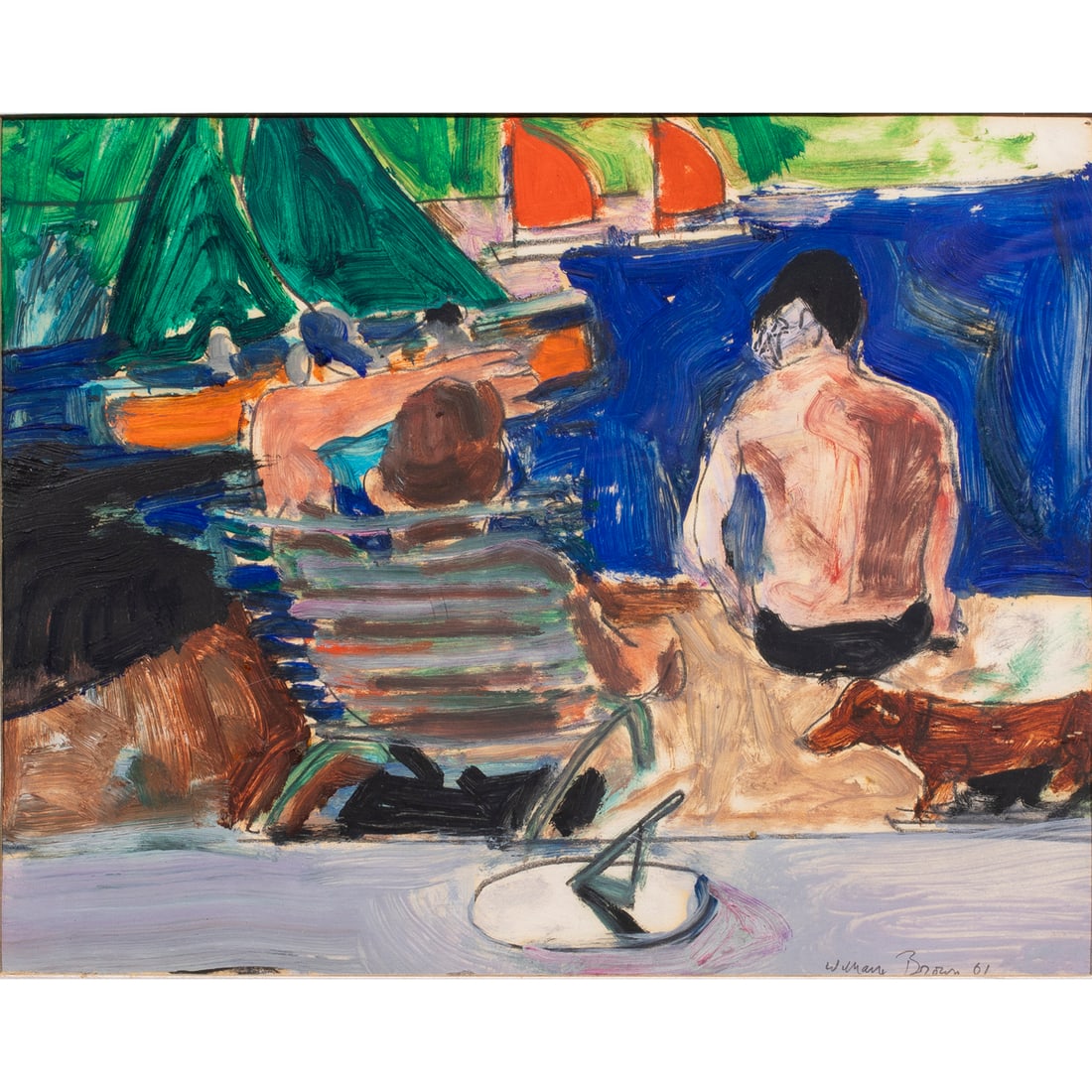 Work on paper, William Theophilus Brown: William Theophilus Brown (American, 1919-2012), Lakeside Scene, 1961, oil on paper, signed and dated lower right, sight: 8.25"h x 10.5"w, overall (with frame): 14"h x 16"w. Provenance: Formerly owned