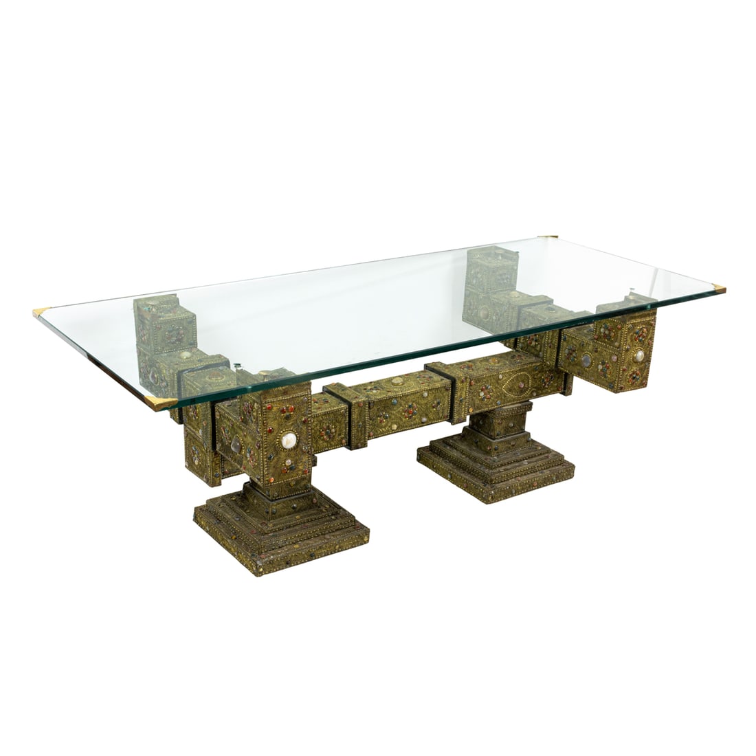 A Tibetan gilt metal coffee table inlaid with gilt wire work, agate and carnelian (1 of 4)