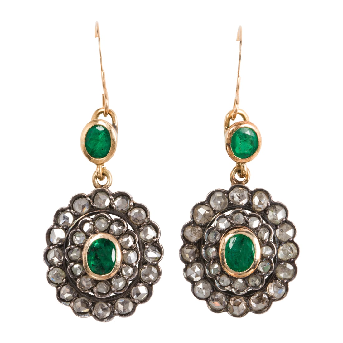 A pair of emerald, diamond, silver and gold earrings (1 of 1)