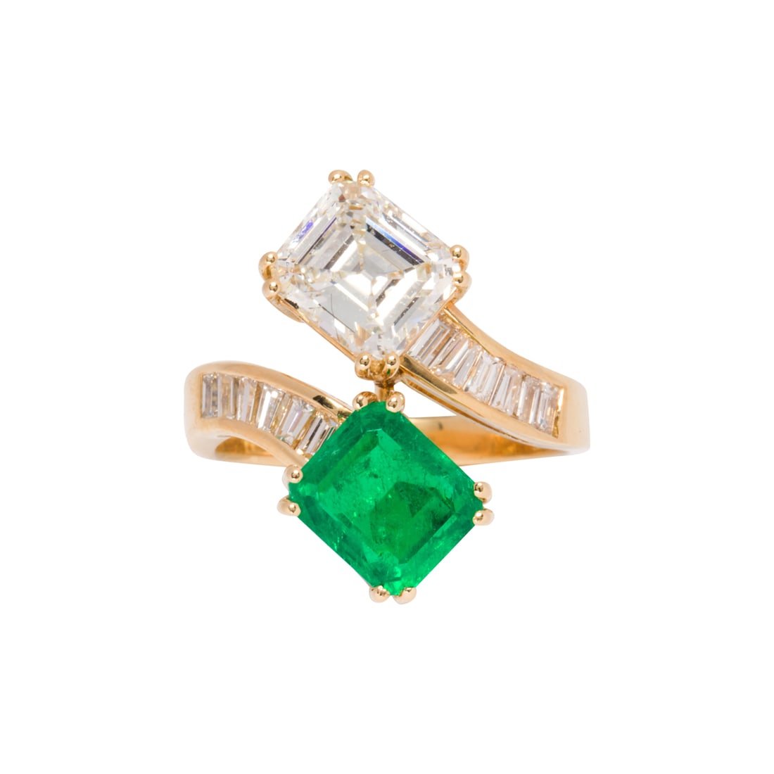 An emerald, diamond and 18k gold bypass ring (1 of 3)