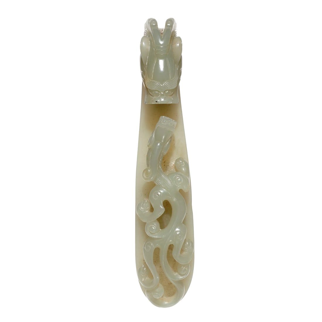 A Chinese celadon jade 'dragon' belt hook (1 of 2)