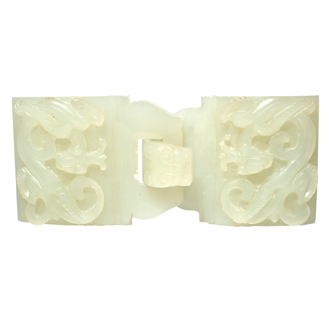 A Chinese square form two-part white jade belt buckle (1 of 2)