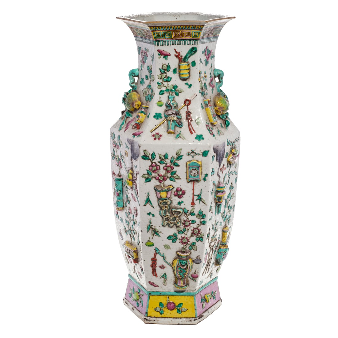 A Chinese famille rose 'hundred antique' hexagonal vase (1 of 2)