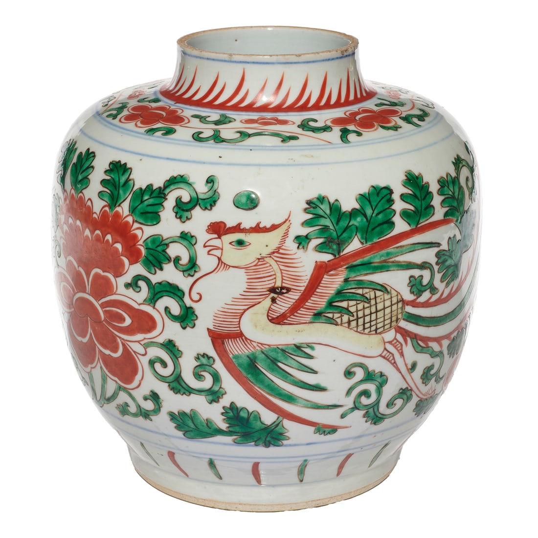 A Chinese wucai enameled 'phoenix' vase or jar (1 of 2)