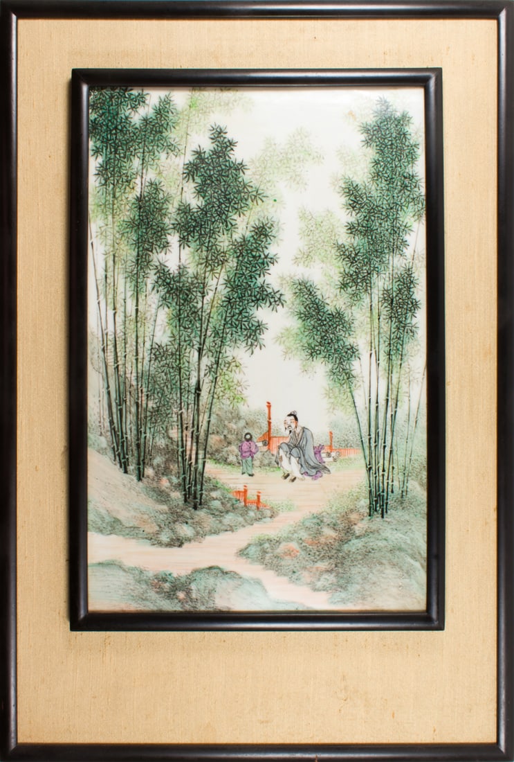 A Chinese famille rose porcelain plaque: A Chinese famille rose porcelain plaque. Depicting a scholar and attendant in a bamboo forest, Republic period, 14.75"h x 9.5"w.