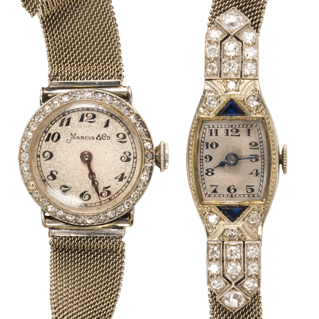 Two diamond and 18k white gold mesh strap wristwatches: Two diamond and 18k white gold mesh strap wristwatchesone with yellow gold case, Cresarrow movement, dial signed Marcus & Co., with old single-cut diamond bezel, and one set with old single-cut and Eu