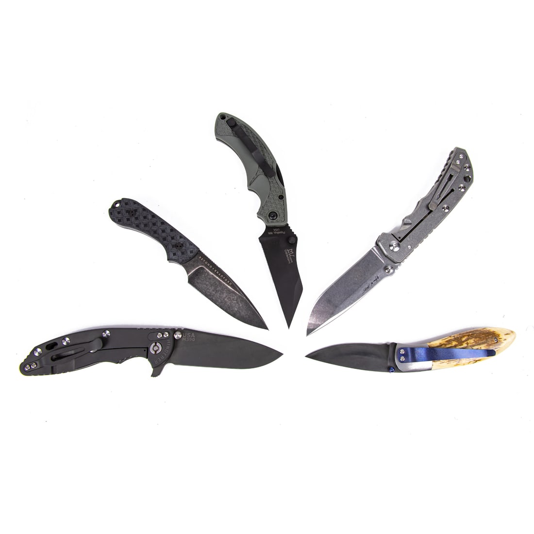 Five contemporary outdoor, utility and sporting knives in original boxes, including Hinderer XM-18 (1 of 2)
