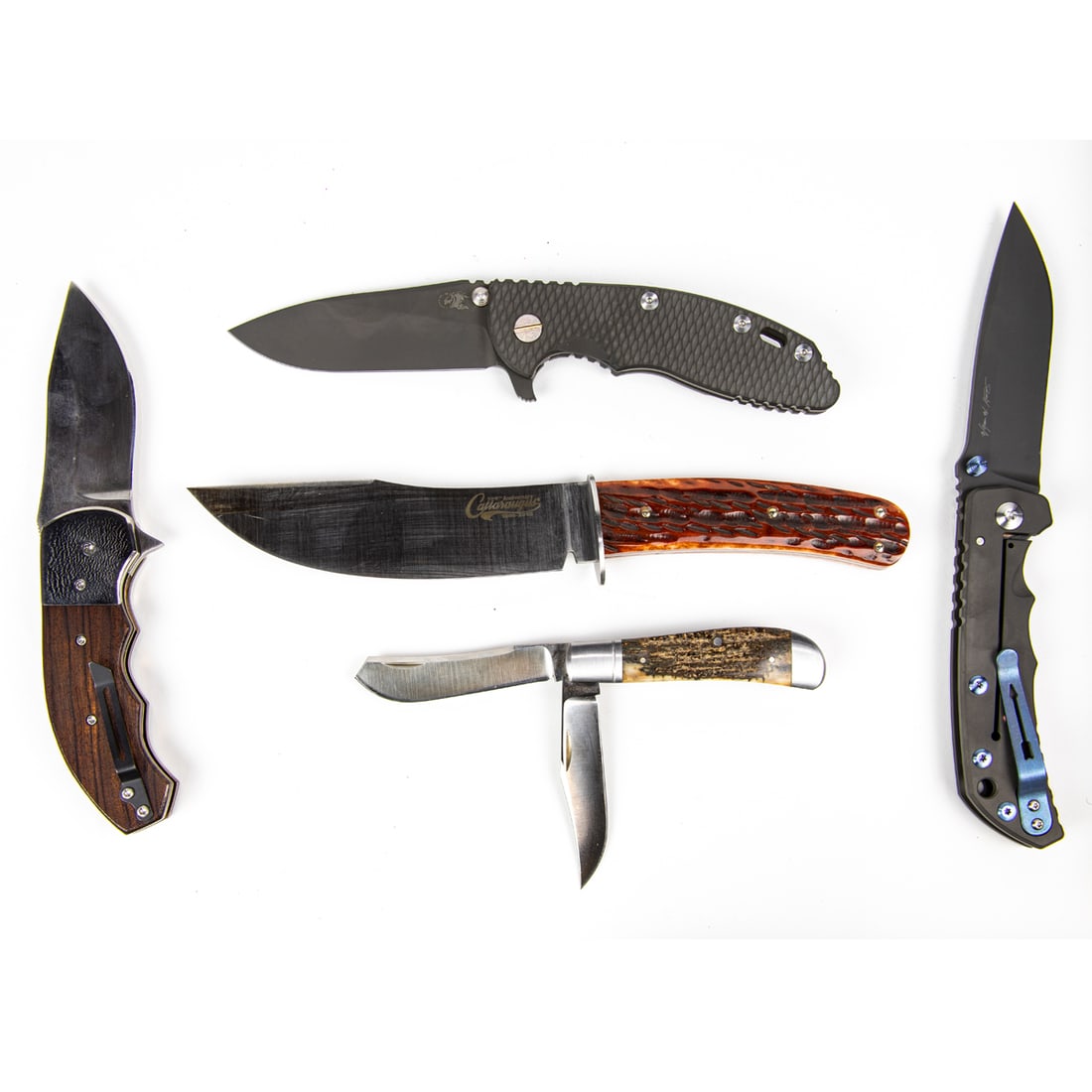 Five contemporary outdoor, utility and sporting knives in original boxes, including Hinderer XM-18 3 (1 of 2)
