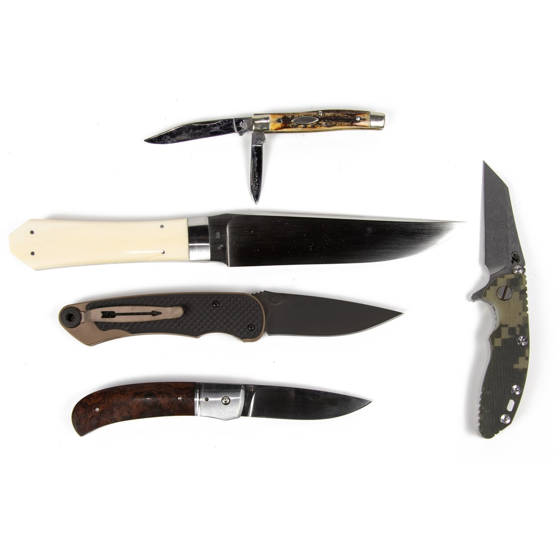Five contemporary outdoor, utility and sporting knives in original boxes, including Hinderer Wharn 3 (1 of 1)