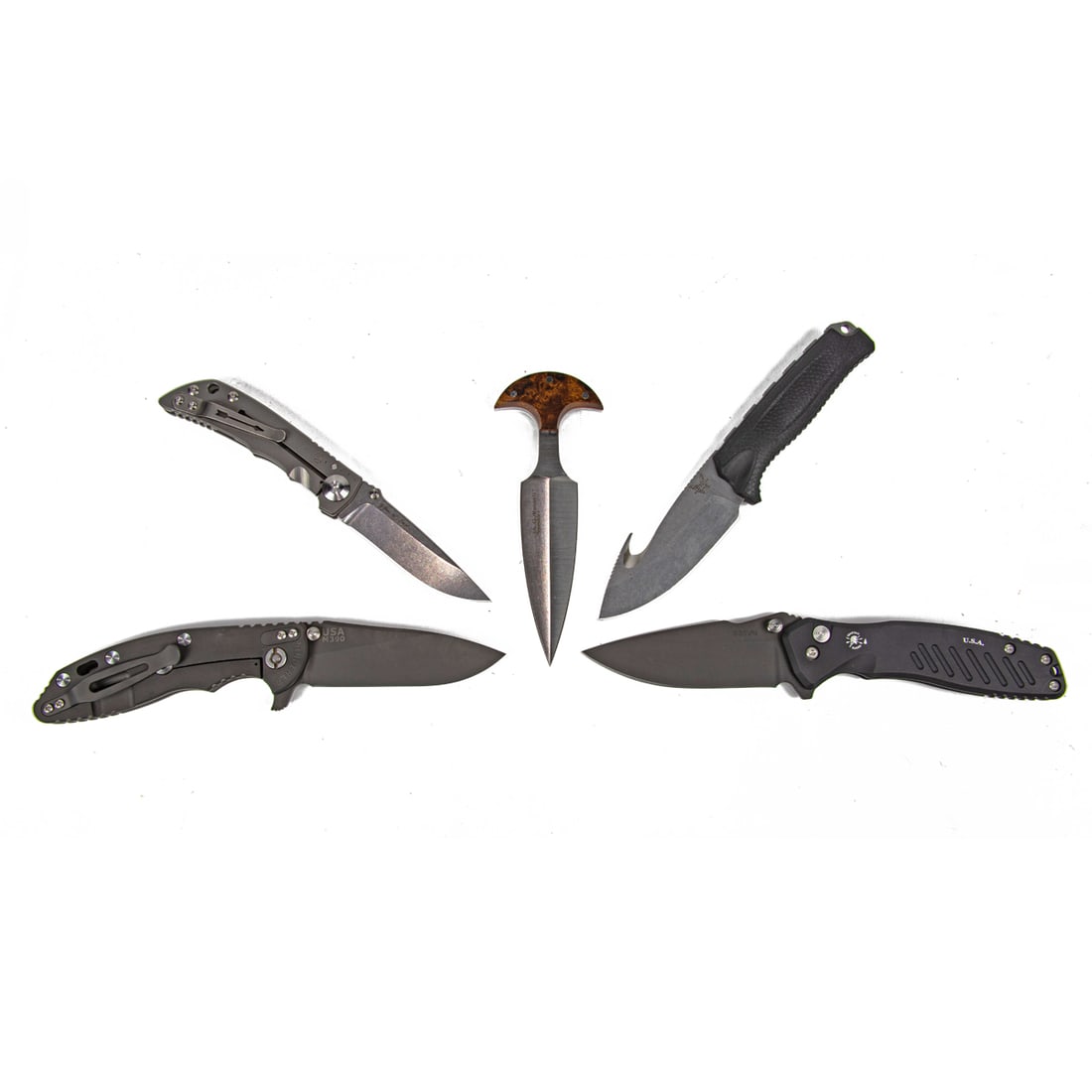 Five contemporary outdoor, utility and sporting knives in original boxes, including Hinderer XM-18 (1 of 1)