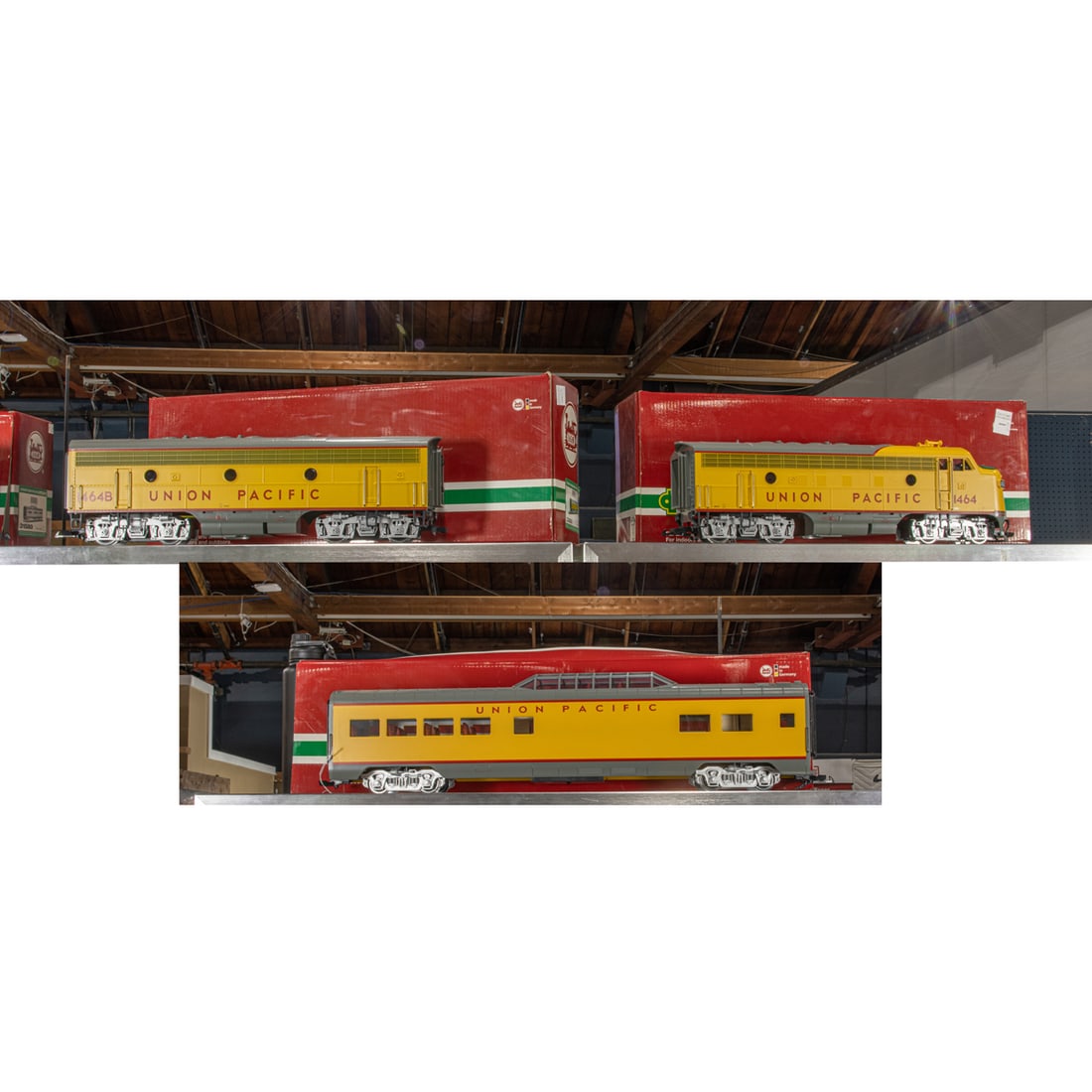 Three L.G.B. 'The Big Train' G-scale locomotives in boxes: Three L.G.B. 'The Big Train' G-scale locomotives in boxes, 31580, 23570 and 23582, comprising Vista Dome Union Pacific passenger car and Union Pacific F7 A and B units