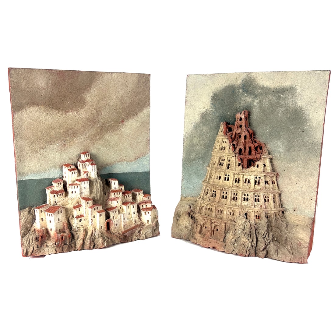 Two Italian painted terracotta relief plaques of Tower of Babel and Cinqueterre (1 of 1)