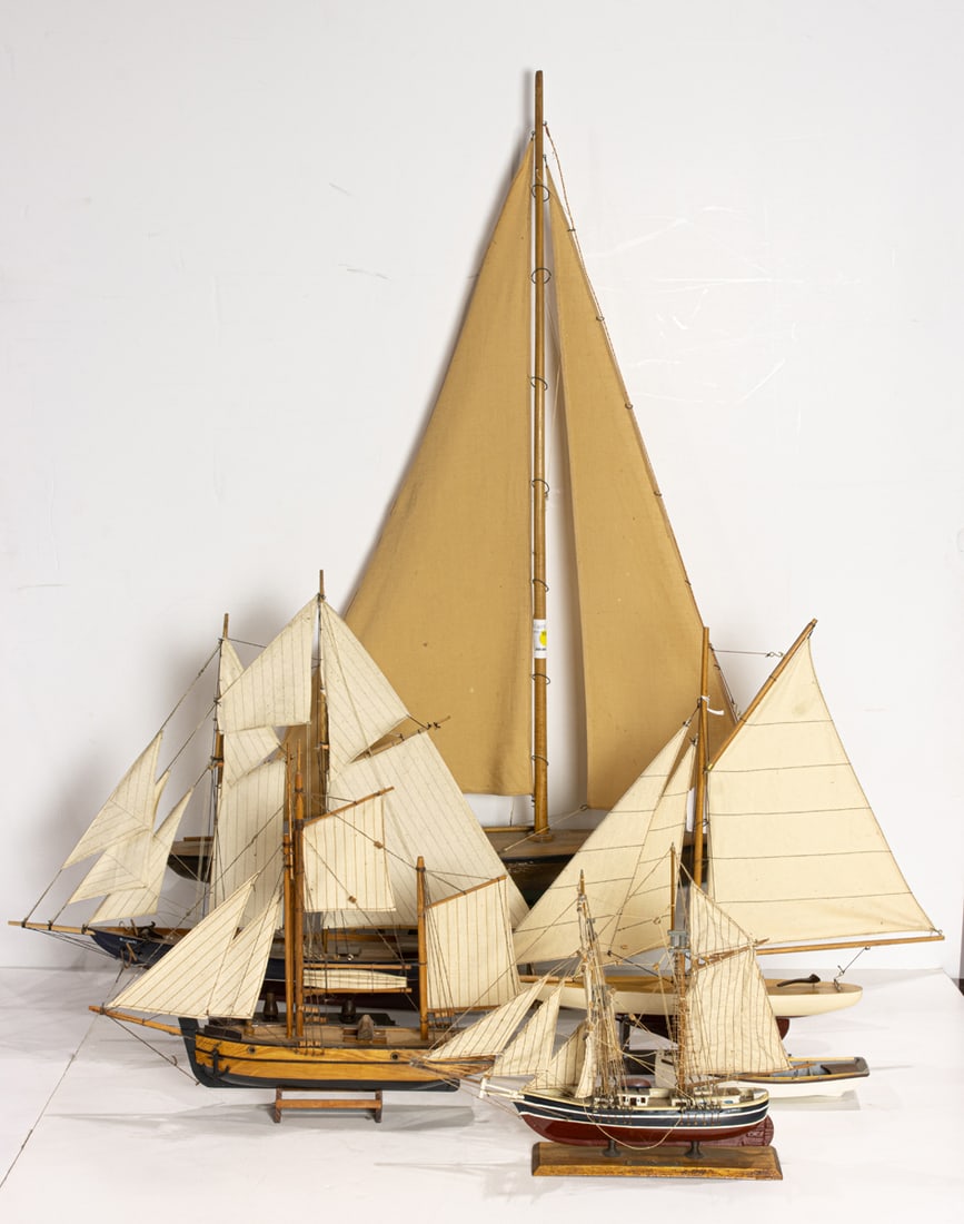 A group of five ship models: A group of five ship models, most with cloth sails and string riggings, greatest 42"h