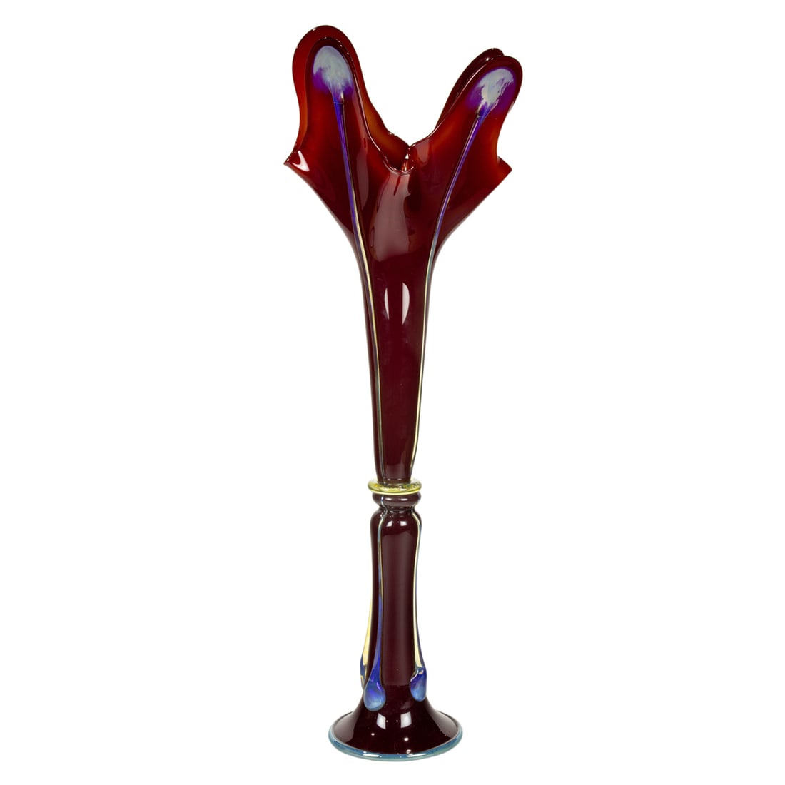 A John Cook (Oregon/California, 1947-2013), glass vase, 2002: A John Cook (Oregon/California, 1947-2013), glass vase, 2002, of red floriform applied with opalescent trailings, engraved signature and date, 33.75"h