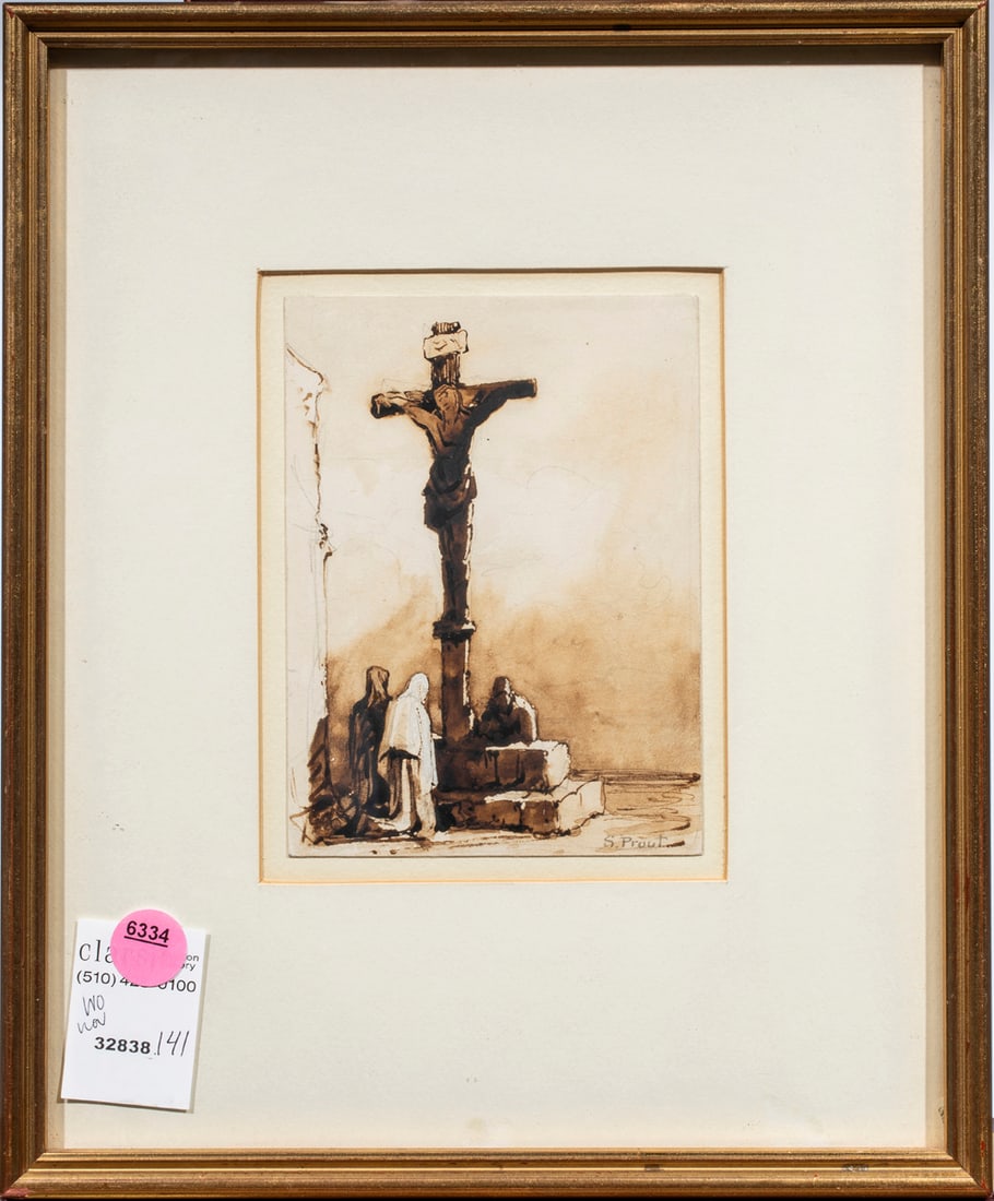 Work on paper, Samuel Prout: Samuel Prout (British, 1783-1852) Pilgrims Praying at the Foot of a Crucifix, inkwash on paper, pencil signed lower right, gallery label (Fry Water-Colours and Drawings, London, UK) affixed verso, ove
