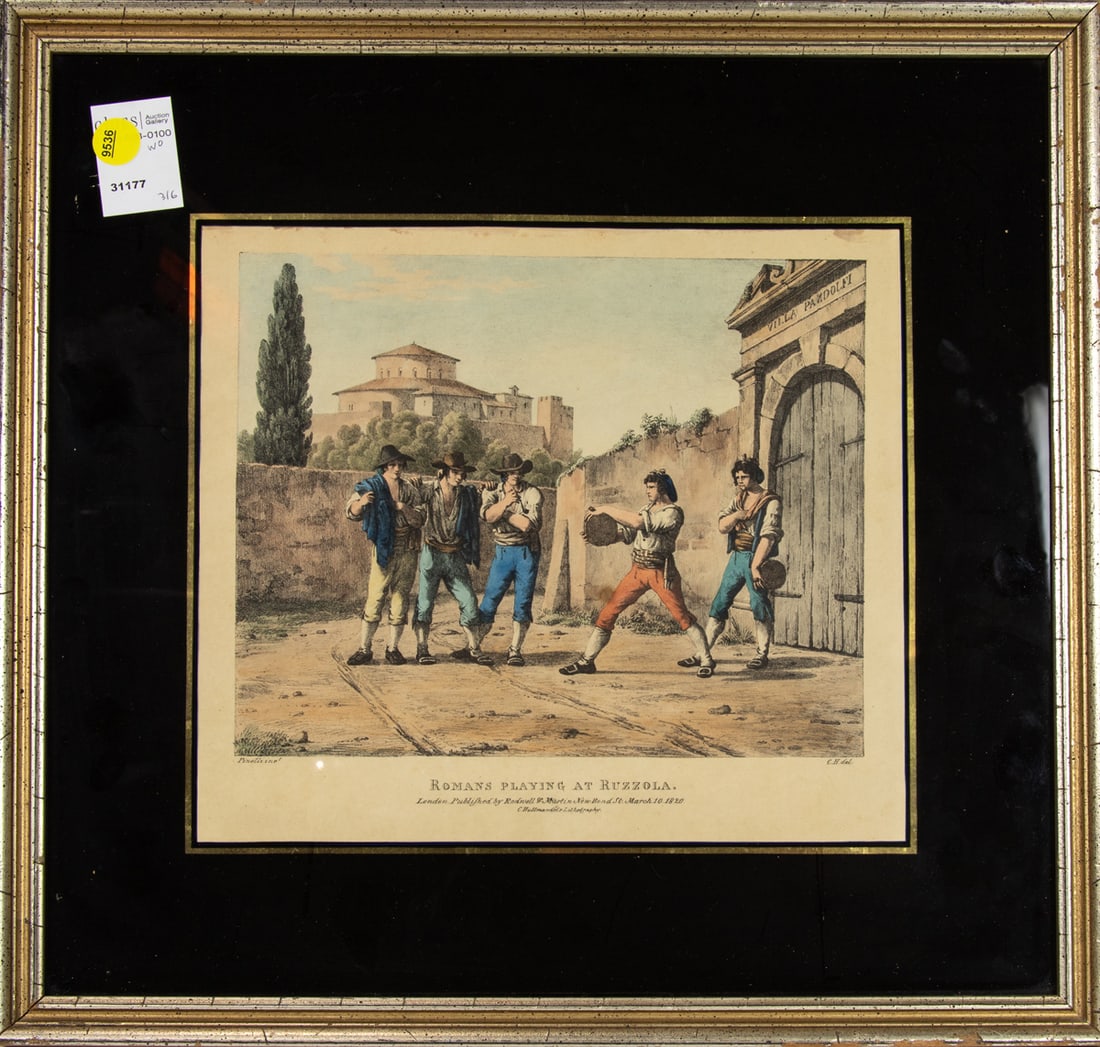 Print, Bartolomeo Pinelli: Bartolomeo Pinelli (Italian, 1781-1835), "Romans Playing at Ruzzola," 7th plate in the book "Roman Costumes" (London: Rodwell & Martin (&) C. Hullmandel's Lithography, 1820), lithograph, overall (with
