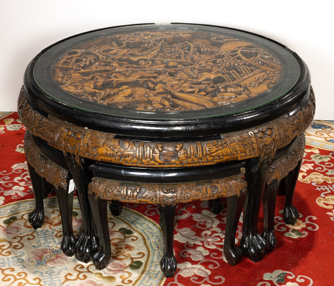(lot of 6) Chinese wood tea table with five stools (1 of 1)