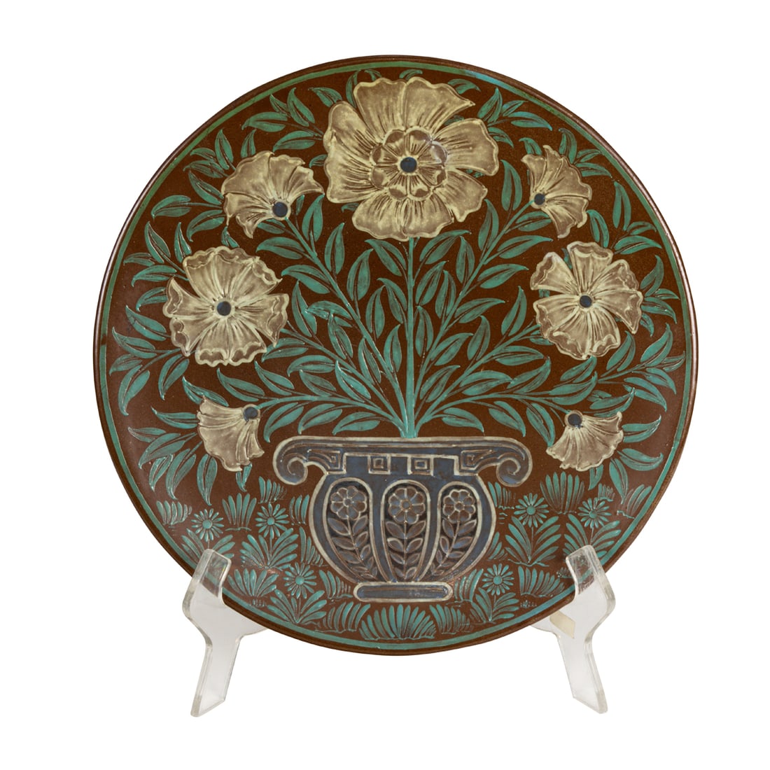 An English Aesthetic Movement enameled redware pottery plate: An English Aesthetic Movement enameled redware pottery plate, possibly Minton Art Pottery Studio at Kensington Gore, late 19th century, the obverse and reverse painted with flowers, apparently unmarke